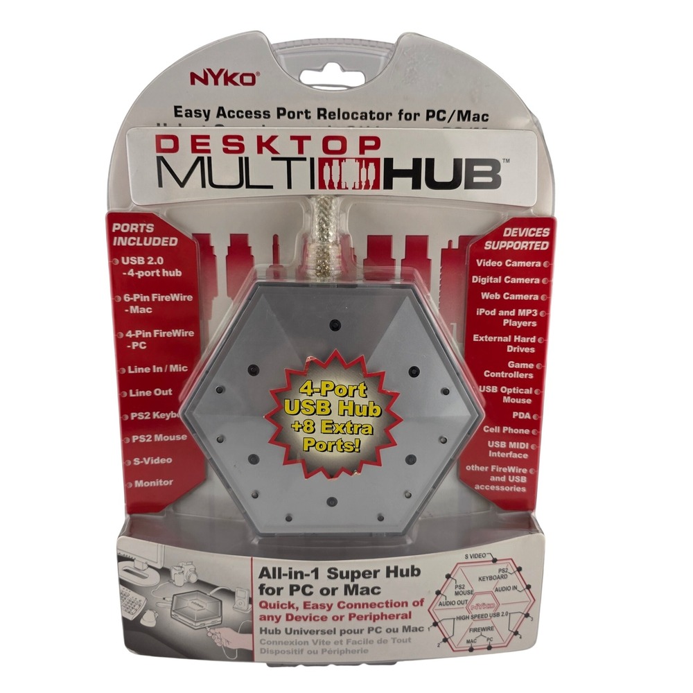 Nyko Desktop Multi-Hub 4-Port USB Hub FireWire PS2 S-Video PC Mac Silver NEW VTG